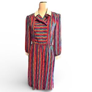 Vintage Gary Lawrence Petites Striped Collar Button Front Midi Dress Women Sz 10